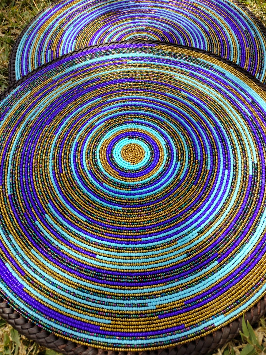 Brown &amp; Blue Rainbow Hand-beaded Wall or Table Mat