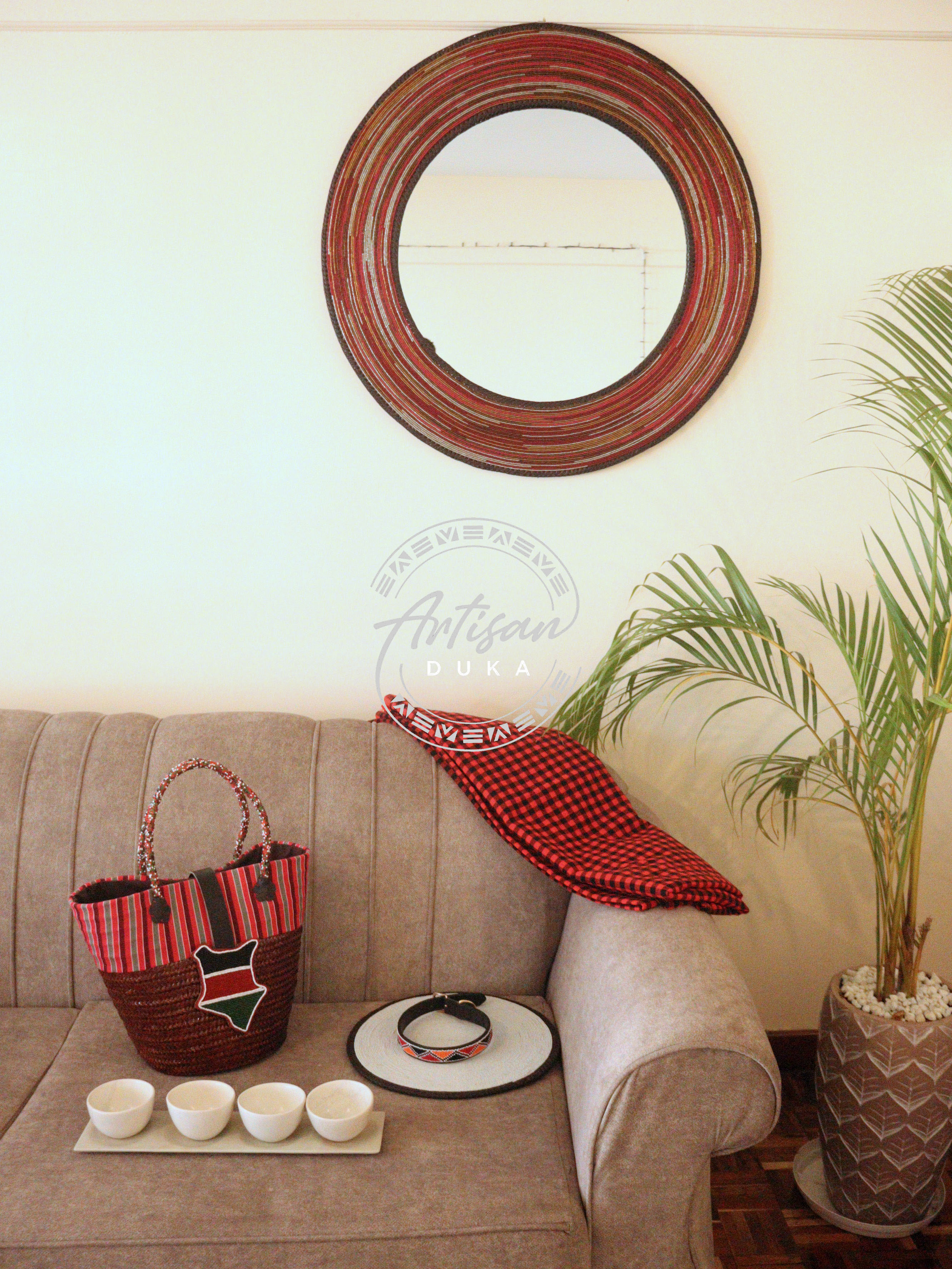 Ruby red classic beaded mirror.