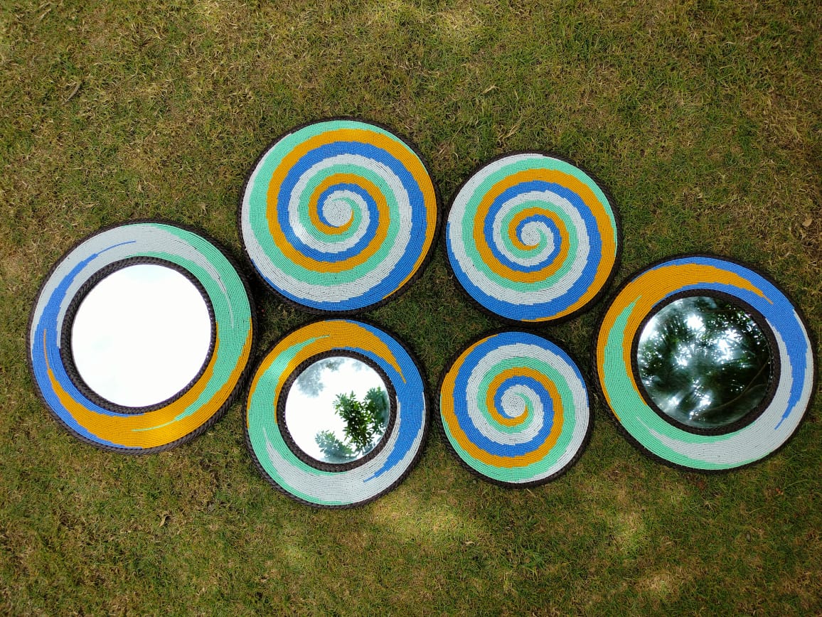 Yellow wave Beaded Mirror