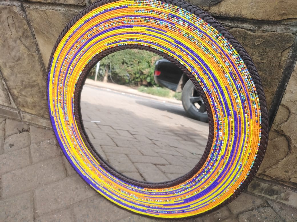 Sunflower Yellow &amp; Navy Hand beaded Mirror