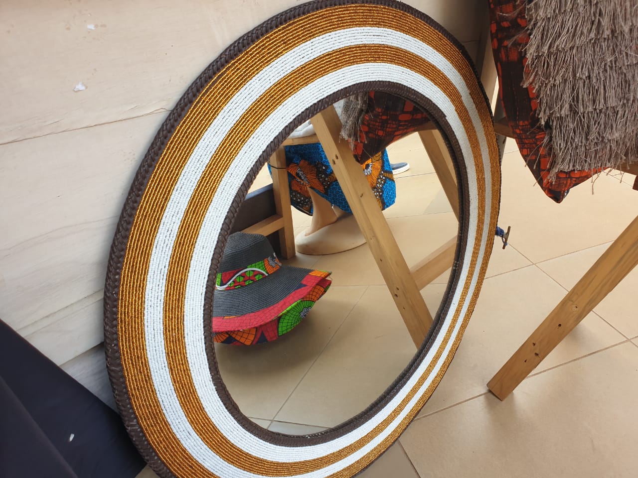 White &amp; Gold Hand-beaded Mirror