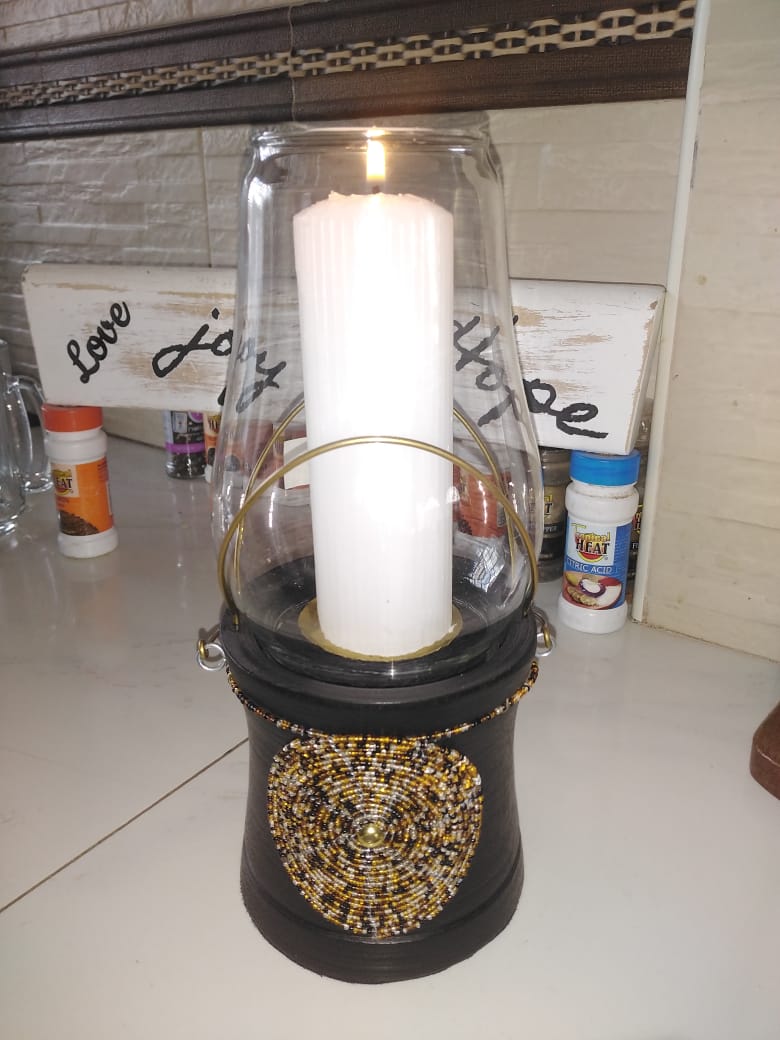 Gold &amp; Silver Beaded Lantern Style Candle Holder