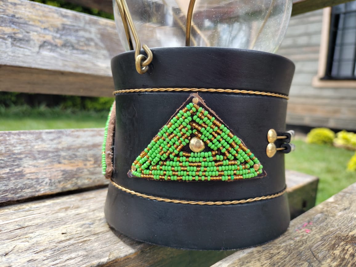 Green Beaded Lantern-style Candle Holder