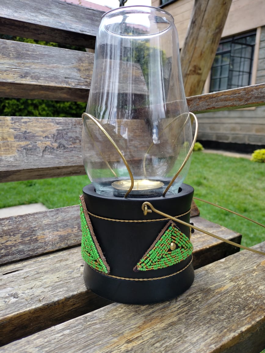 Green Beaded Lantern-style Candle Holder