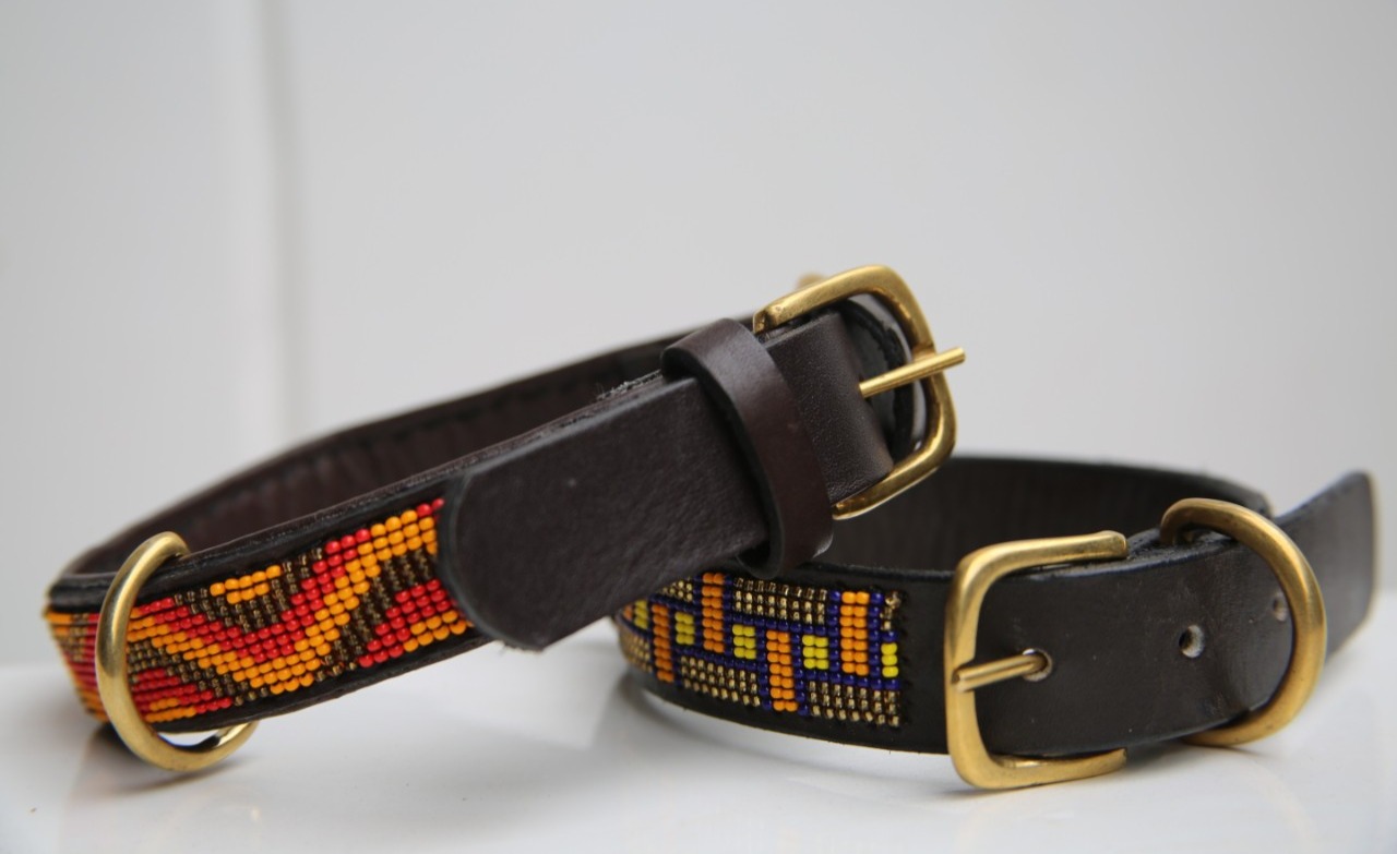 Beaded leather Dog Collar - thick &amp; longer