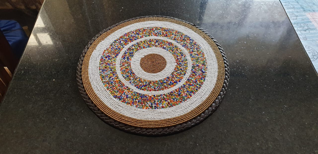 White Confetti fully- Maasai beaded placemat, White Maasai beaded Placemats,