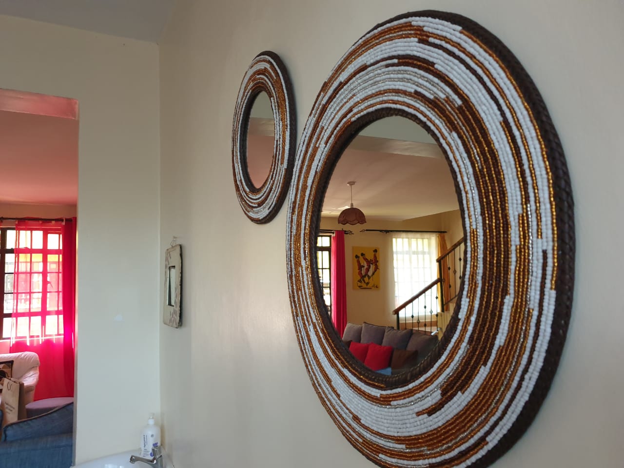 Brown, Silver &amp; White Maasai Beaded Mirror (Set of 3), Mirror wall decor