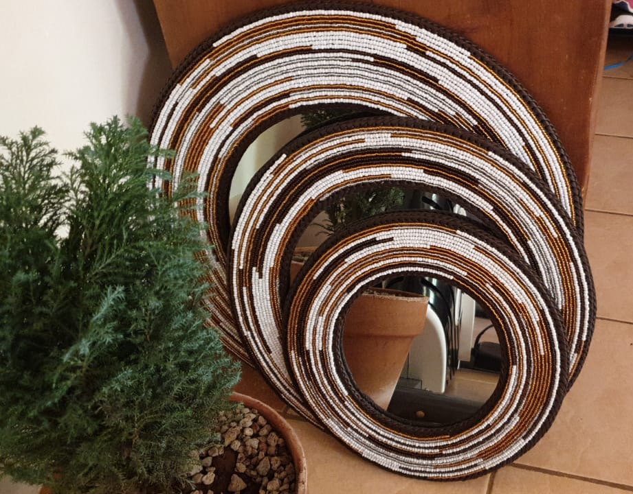 Brown, Silver &amp; White Maasai Beaded Mirror (Set of 3), Mirror wall decor