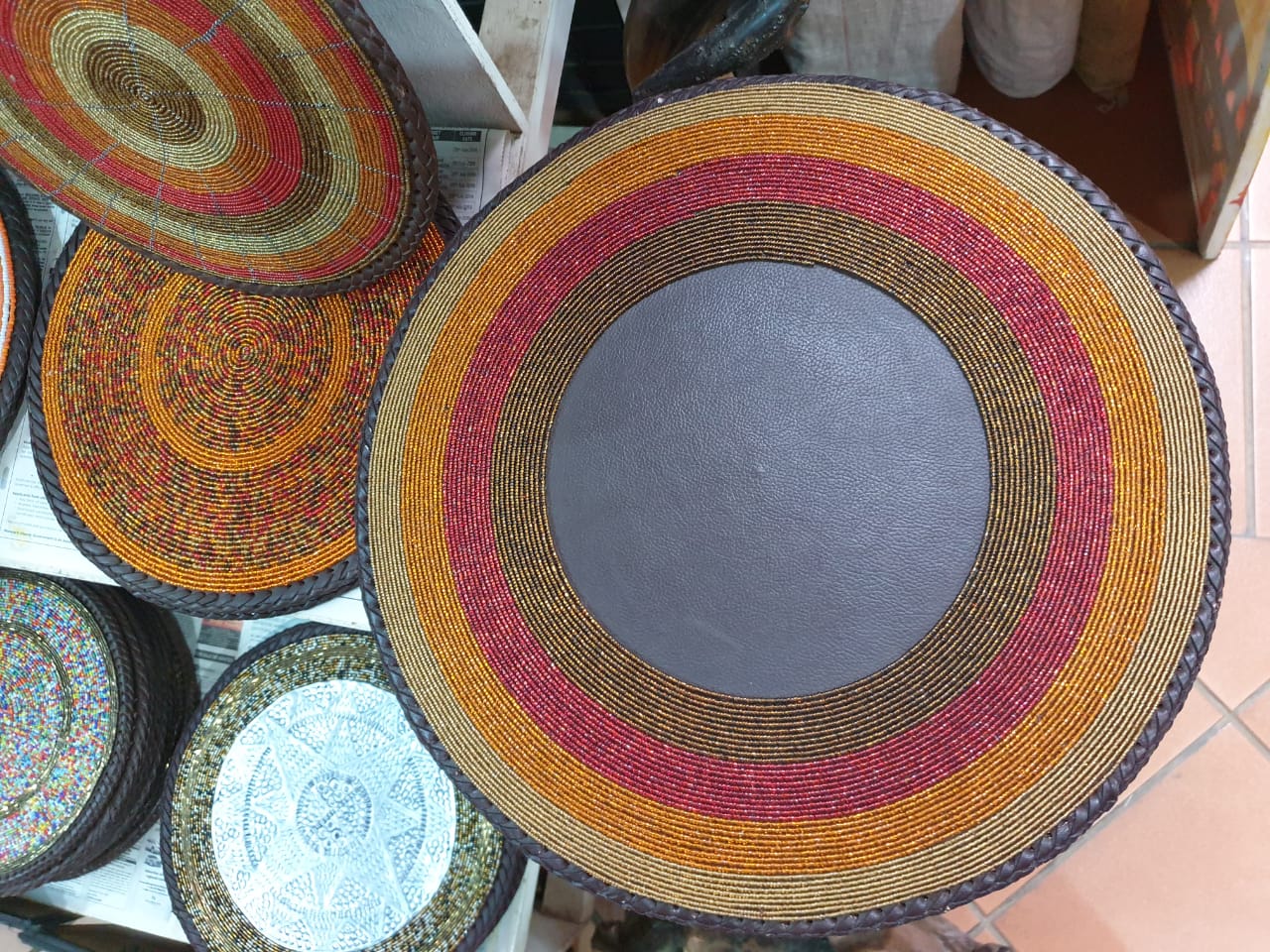 Sunset Handmade Maasai Beaded Leather Wall or Placemat, Orange Beaded Maasai Mat