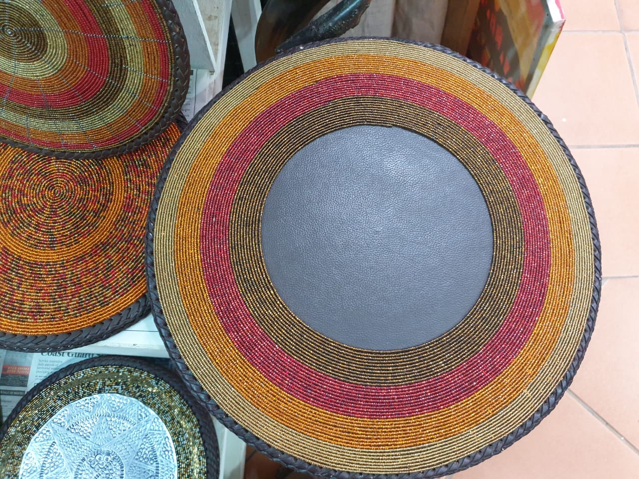 Sunset Handmade Maasai Beaded Leather Wall or Placemat, Orange Beaded Maasai Mat