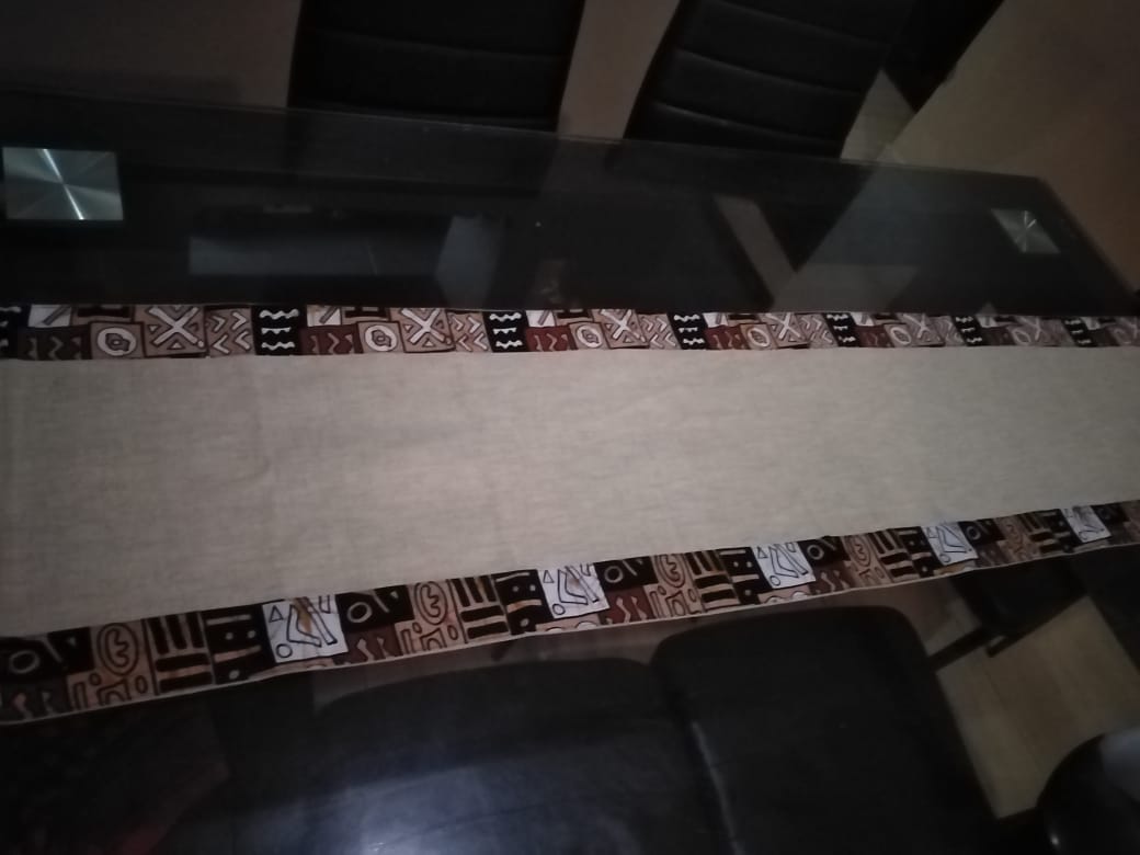 Linen Table Runner with Mud Cloth Pattern Trim