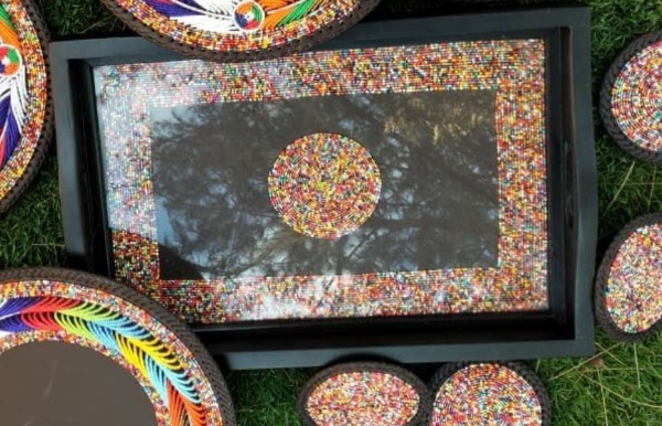 Beaded Wooden Tray, Wooden Tray