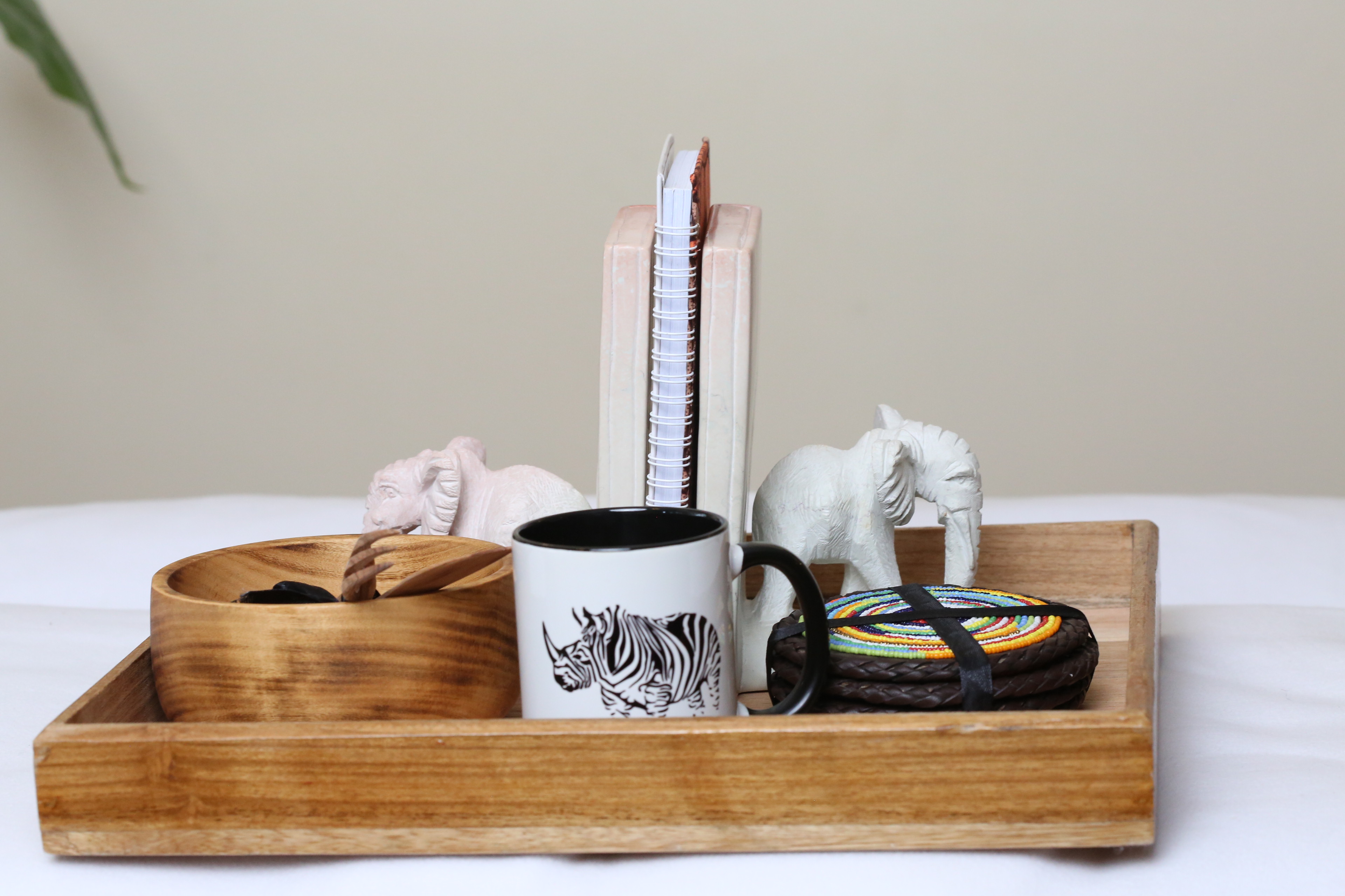 Elephant carved book holder gift package, Ankara notebook, Maasai beaded coasters