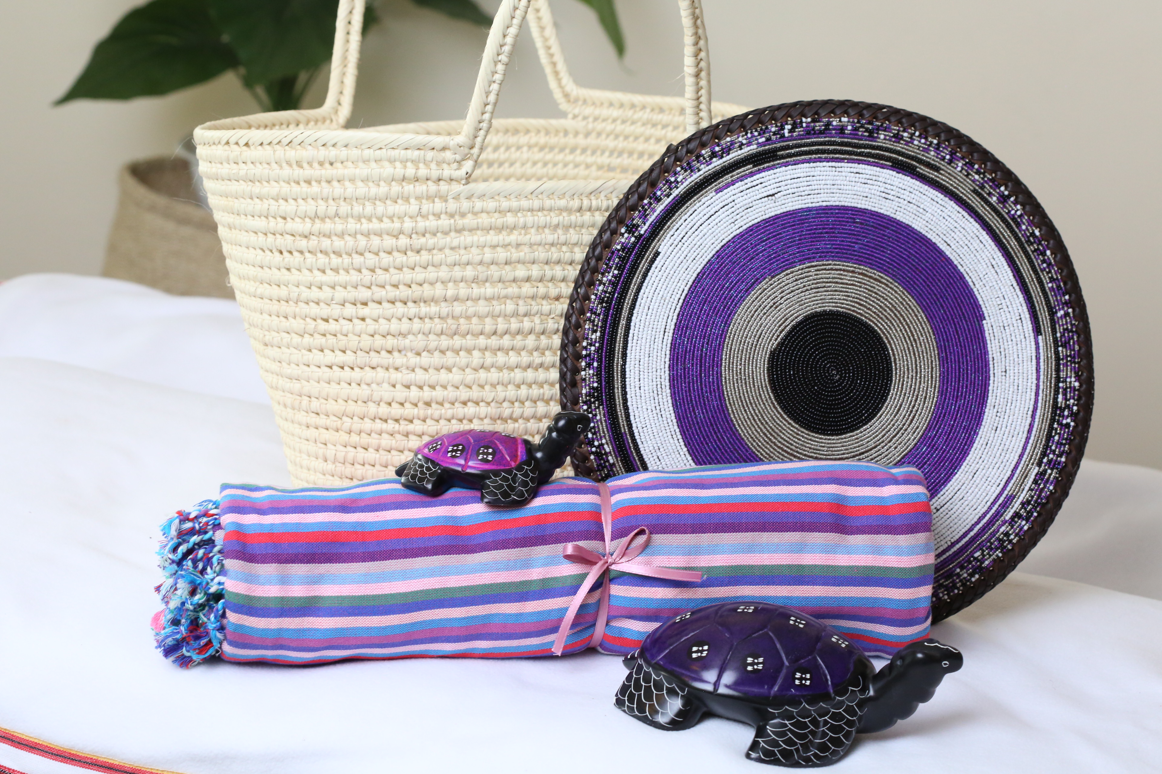 Purple Maasai beaded PlaceMat with basket gift package, Kikoy throw, Soapstone