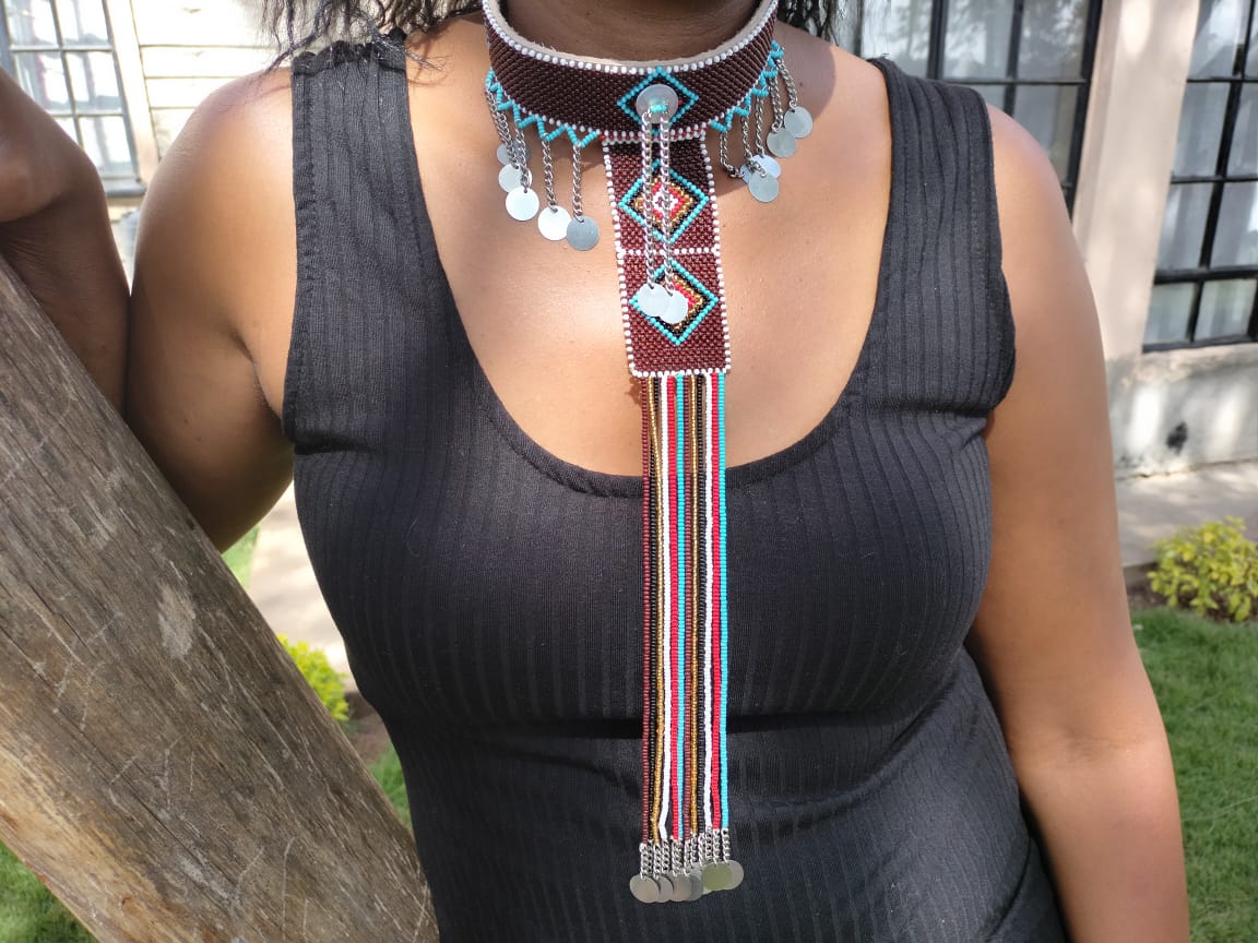Bay Brown &amp; Teal Maasai Tribal Chocker Necklace