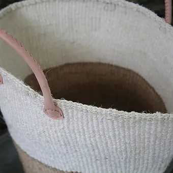 Off-white basket with pale brown bottom and handles, White kiondo