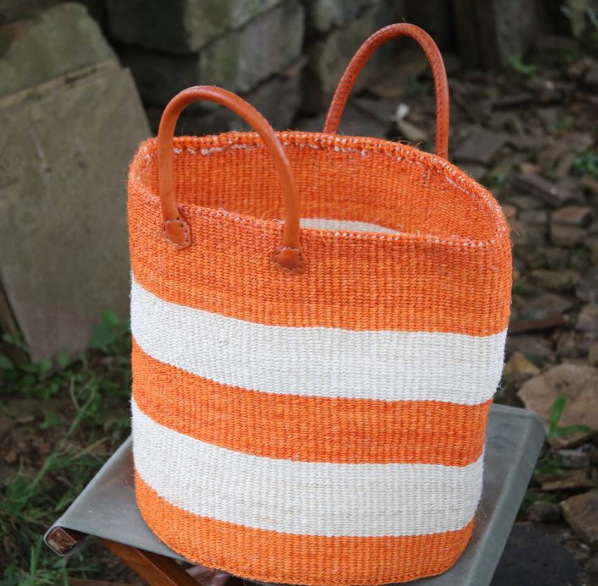 Wide Stripped Orange basket (varied colors) with handles, Kiondos