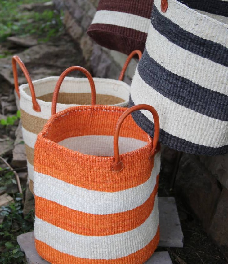 Wide Stripped Orange basket (varied colors) with handles, Kiondos