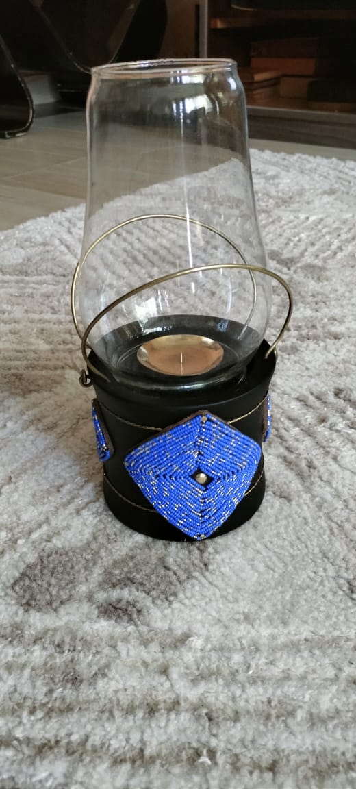 Blue Beaded Lantern-style Candle Holder
