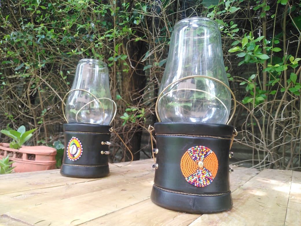 Orange &amp; Confetti Beaded Lantern-style Candle Holder