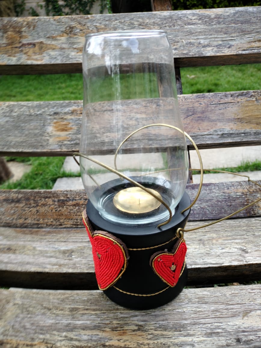 Red Beaded Lantern-style Candle Holder