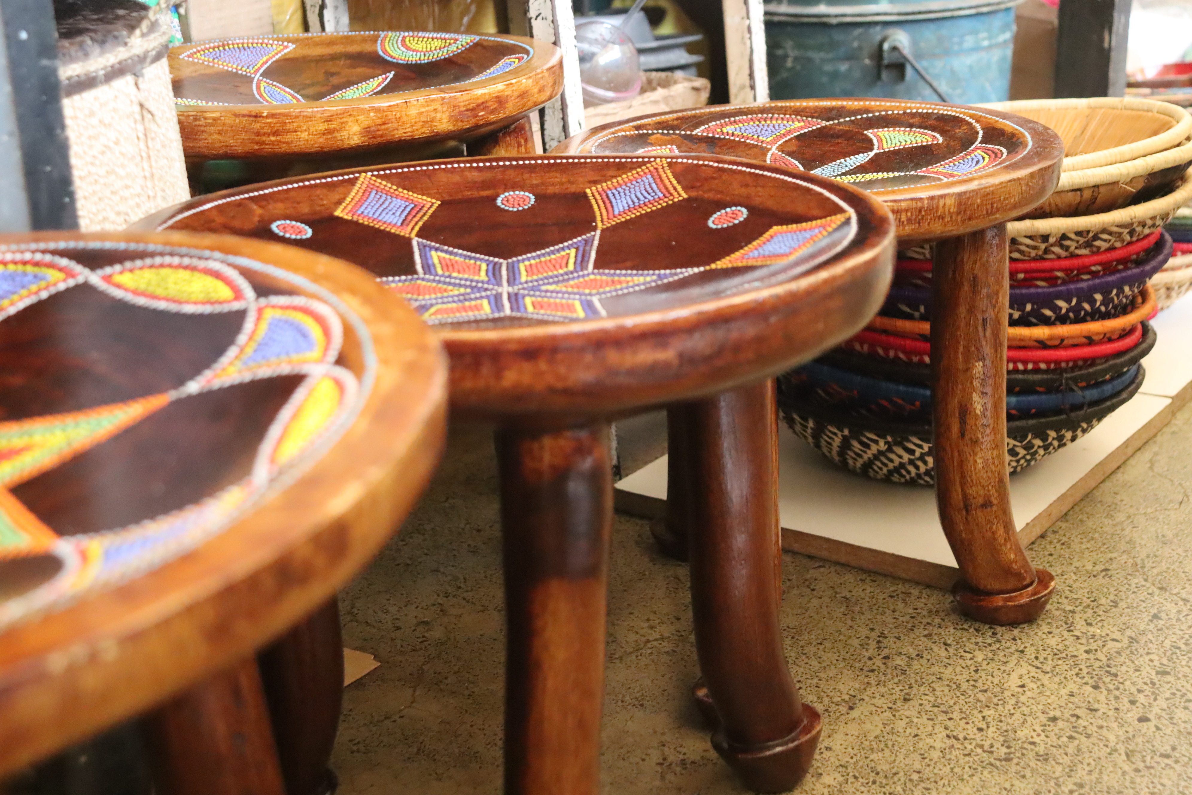 Three-legged beaded traditional stool