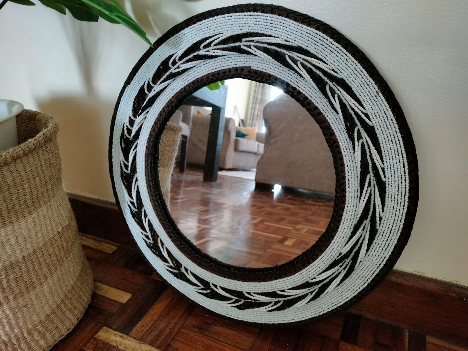 Pearl white leaf design Maasai beaded mirror