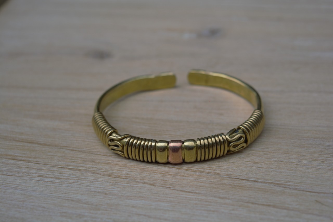 Open &amp; Twisted Brass Bangle with Copper Centerpiece